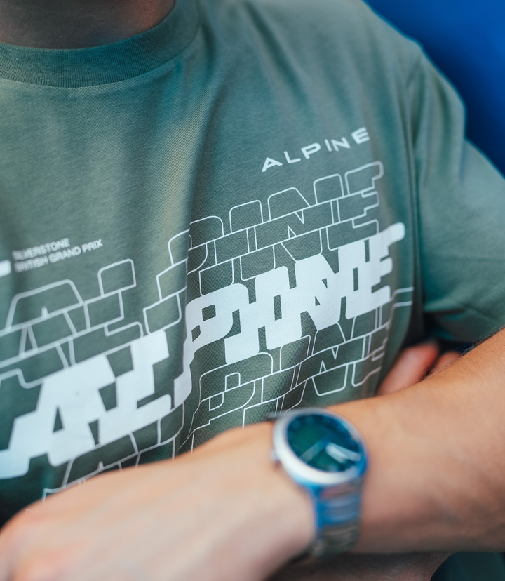 Green Alpine Silverstone oversized unisex T shirt with white graphic print across the chest