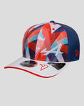Colorful geometric print cap with blue side panels, a white front brim with red edge and a white A logo.