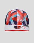 Front view of a white New Era 9Seventy cap with a bold multicolor geometric crown, navy side panel, and a white embroidered A on the front.