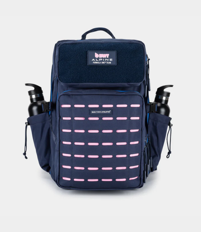 Navy Built for Athletes 45L Backpack with top handle and blue zipper accents