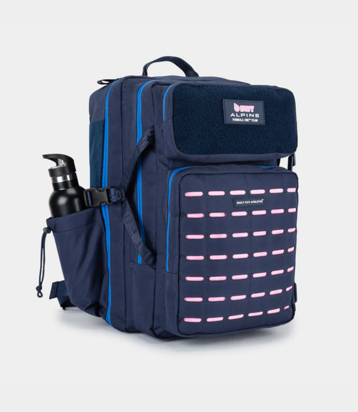 Front view of navy Built for Athletes 45L Backpack with pink stitch details and side water bottle pockets