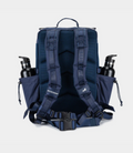 Back view of navy Built for Athletes 45L Backpack with padded mesh back, harness straps, and two water bottles in side holders.