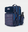 Side view of navy Built for Athletes 45L Backpack with top handle and bright blue zipper accents.