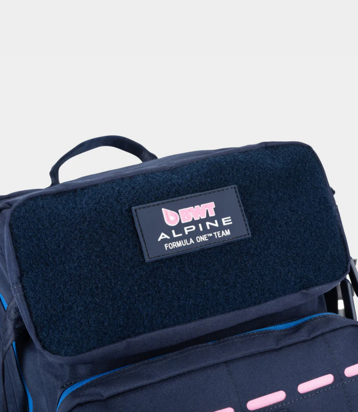 Navy BWT Alpine 45L backpack with a front patch reading BWT Alpine Formula One Team