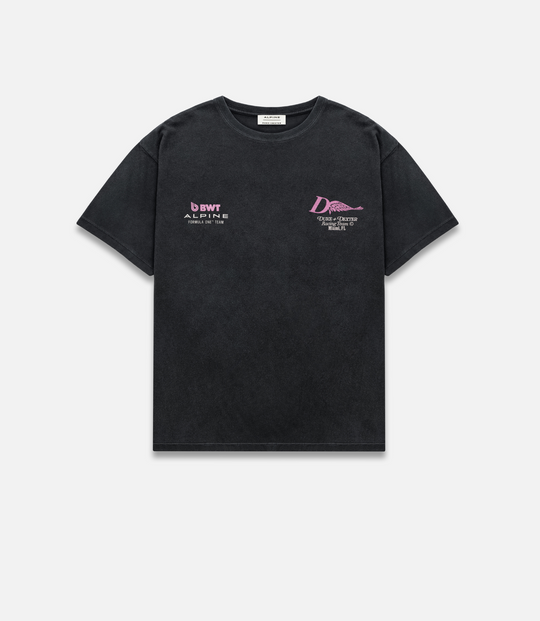 Front view of washed black T-shirt with BWT Alpine and Duke and Dexter logos on chest.