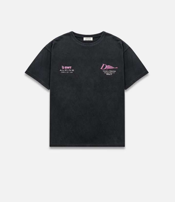 Front view of washed black T-shirt with BWT Alpine and Duke and Dexter logos on chest.