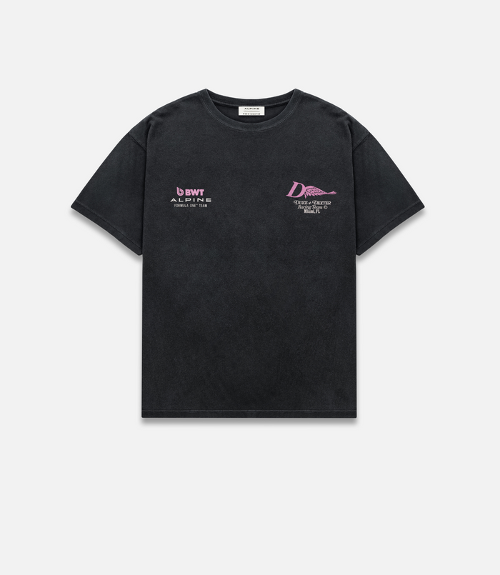 Front view of washed black T-shirt with BWT Alpine and Duke and Dexter logos on chest.