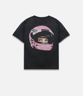 Back view of washed black T-shirt with pink helmet graphic and racing design.