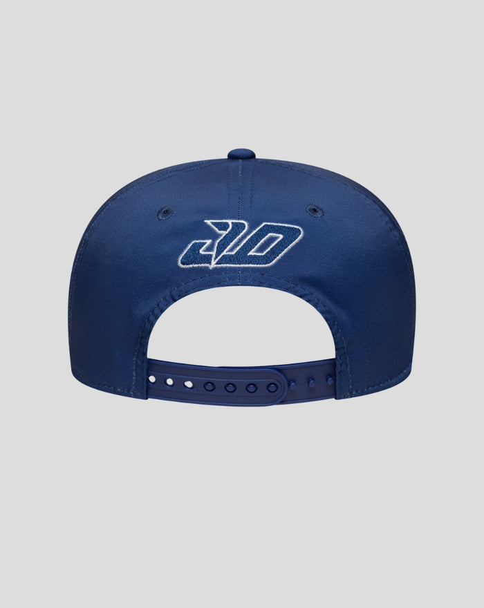 Back view of blue New Era Alpine Silverstone 9Seventy cap with adjustable snap strap and white embroidered Alpine logo.