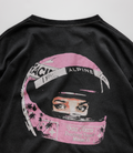 Back view of a black Washed T-shirt with a large pink graphic and Duke+Dexter Alpine branding