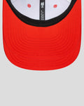 Red 9Seventy cap curved brim with black inner edge and stitched brim.