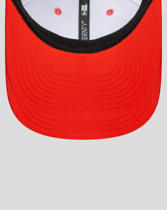 Red 9Seventy cap curved brim with black inner edge and stitched brim.