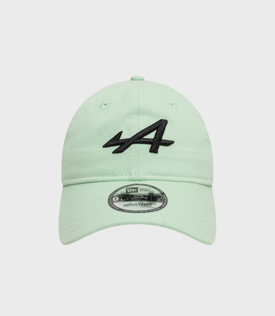 Mint green New Era Alpine 9Twenty cap close up showing top button and curved brim with front embroidery