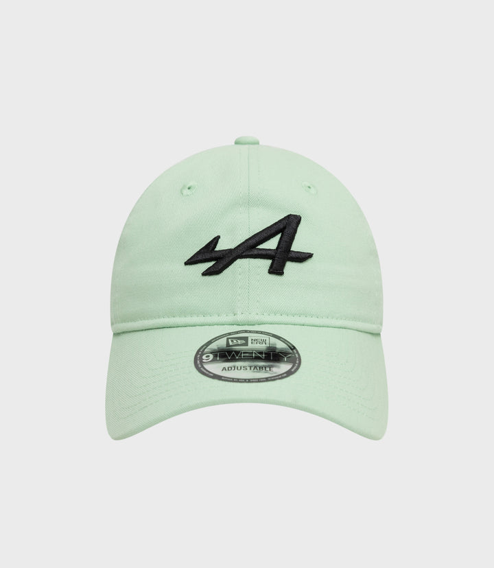 Mint green New Era Alpine 9Twenty cap close up showing top button and curved brim with front embroidery