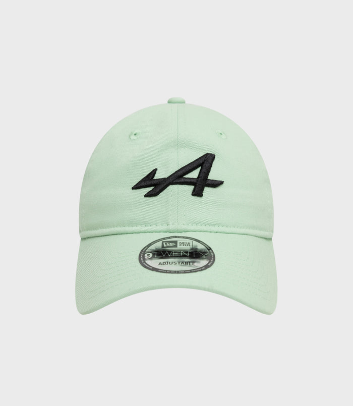 Mint green New Era Alpine 9Twenty cap close up showing top button and curved brim with front embroidery
