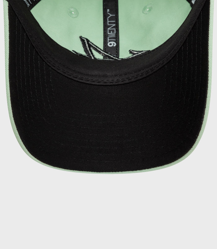 Rear view of a mint green New Era Alpine 9Twenty cap with black adjustable strap and metal buckle
