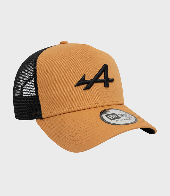 Beige alpine trucker cap with black mesh back and embroidered front logo