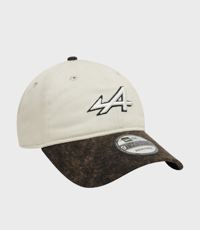 Front view of white Alpine Acid Wash 9Twenty cap with bold embroidered logo on crown and brown denim brim