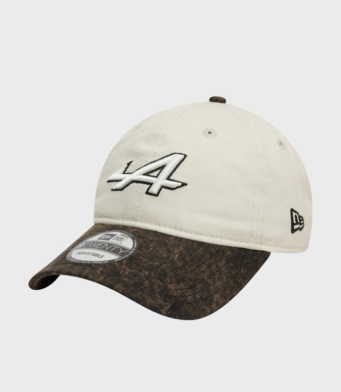 White New Era Alpine Acid Wash 9Twenty cap with brown curved brim and LA embroidery