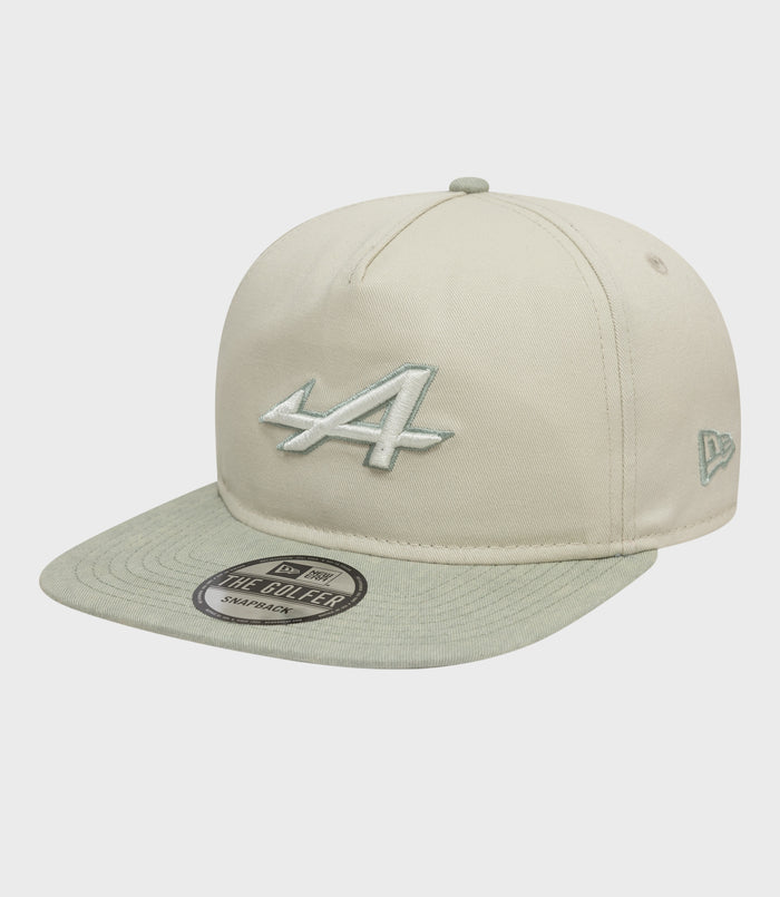 White crown Alpine Acid Wash Golfer Cap with mint visor and pale blue embroidered logo on the side