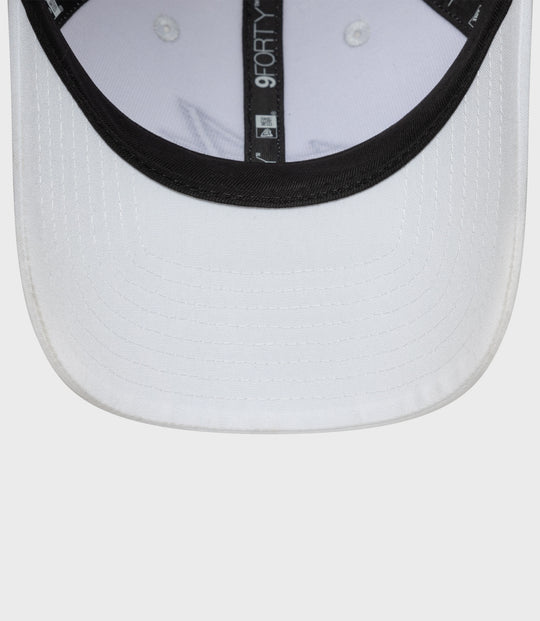 Close-up of a white New Era 9FORTY cap brim with black edge and vertical 9FORTY label inside