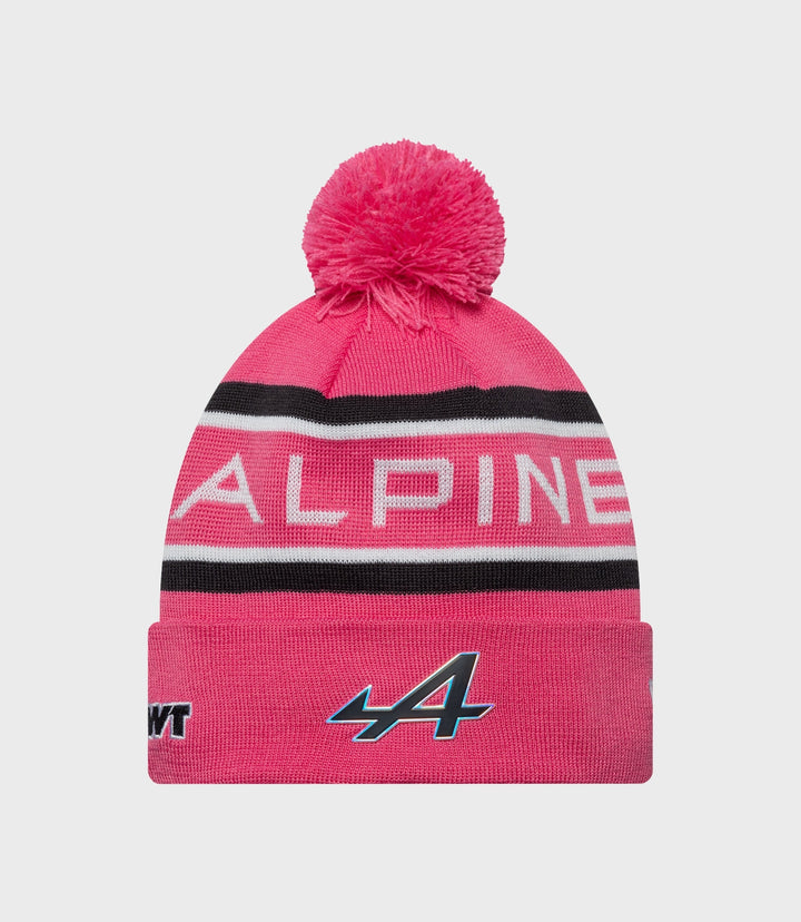 New Era Alpine Jack Doohan pink cuff knit hat with fluffy pom and striped band
