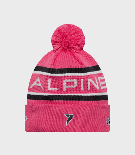 Pink New Era Alpine Jack Doohan cuff knit hat with fluffy pom on top