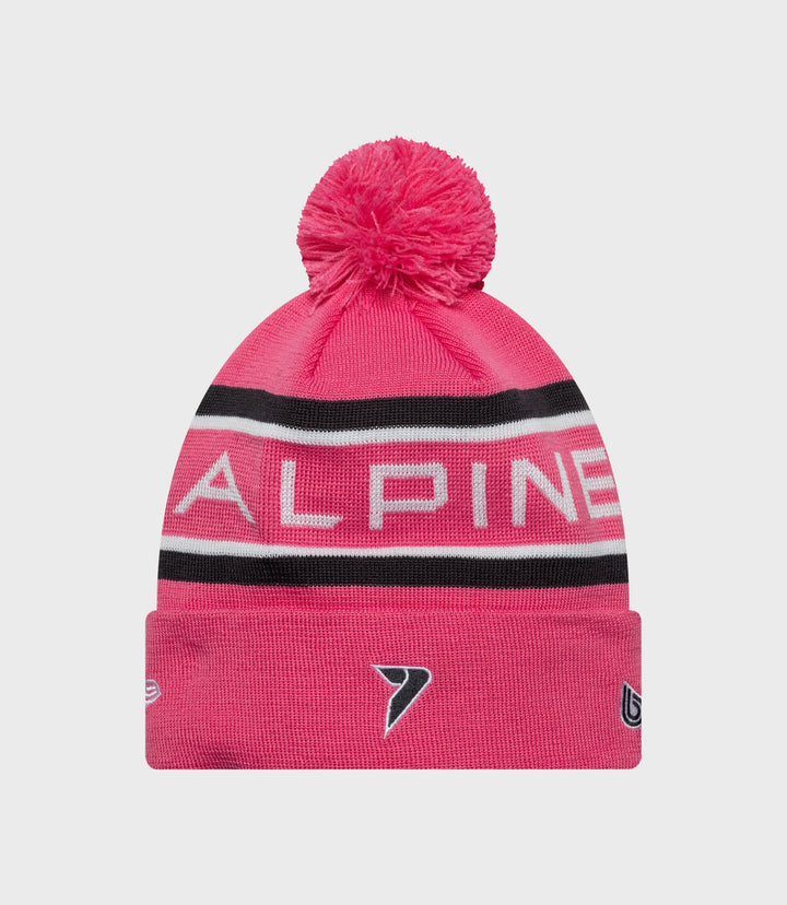 Pink New Era Alpine Jack Doohan cuff knit hat with fluffy pom on top