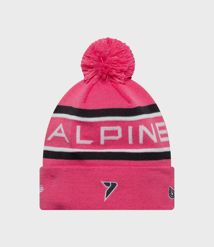 Pink New Era Alpine Jack Doohan cuff knit hat with fluffy pom on top