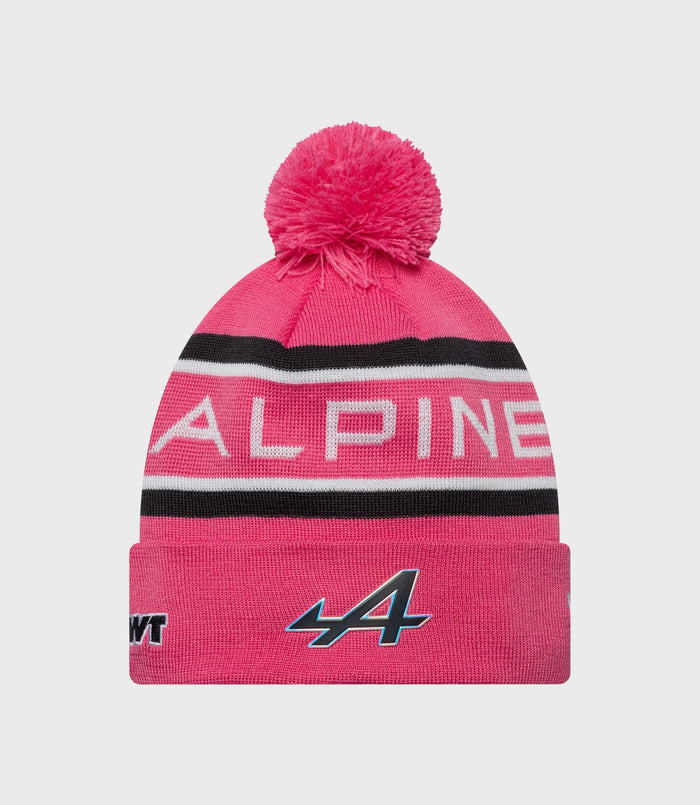 New Era Alpine Jack Doohan pink cuff knit hat with fluffy pom and striped band