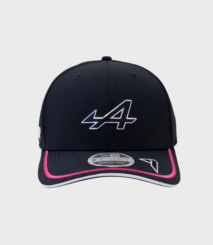 Navy Alpine Jack Doohan 9Seventy stretch cap close up of crown with top button and partial front logo