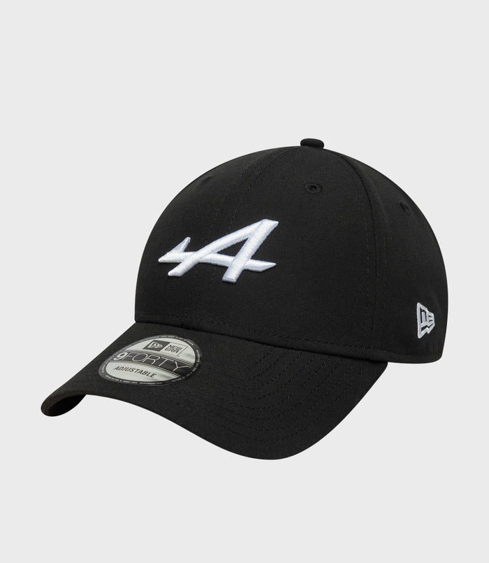 Black New Era cap with curved brim and white embroidered logo on the front panel.