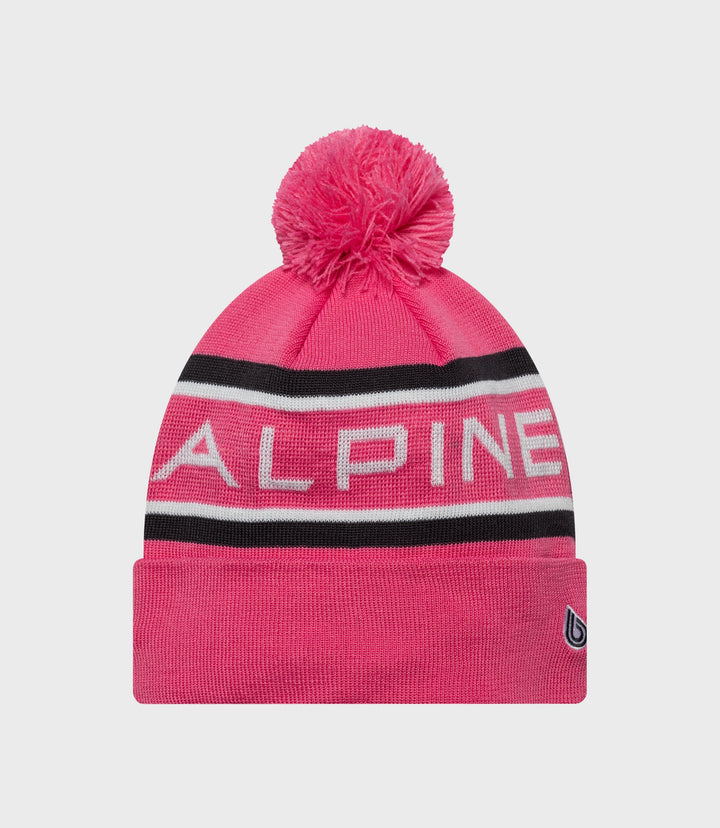 Bright pink Alpine knit hat with bold ALPINE text on the cuff and knit pom on top