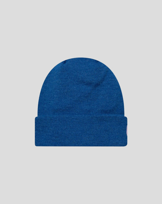 Front view of Mediterranian Blue New Era Alpine Polyana cuff knit hat with folded cuff