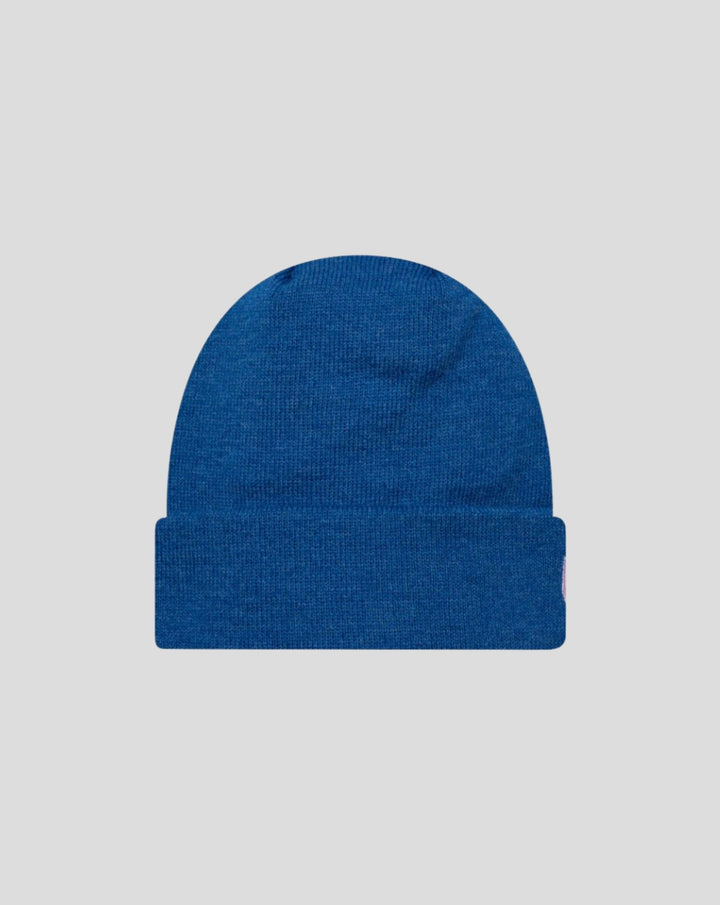 Front view of Mediterranian Blue New Era Alpine Polyana cuff knit hat with folded cuff