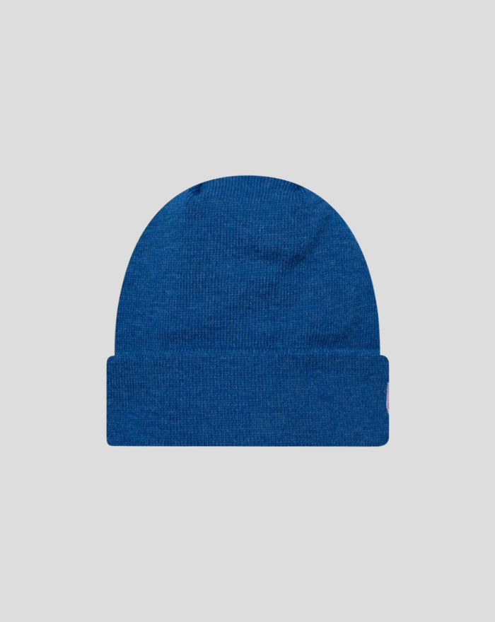 Front view of Mediterranian Blue New Era Alpine Polyana cuff knit hat with folded cuff