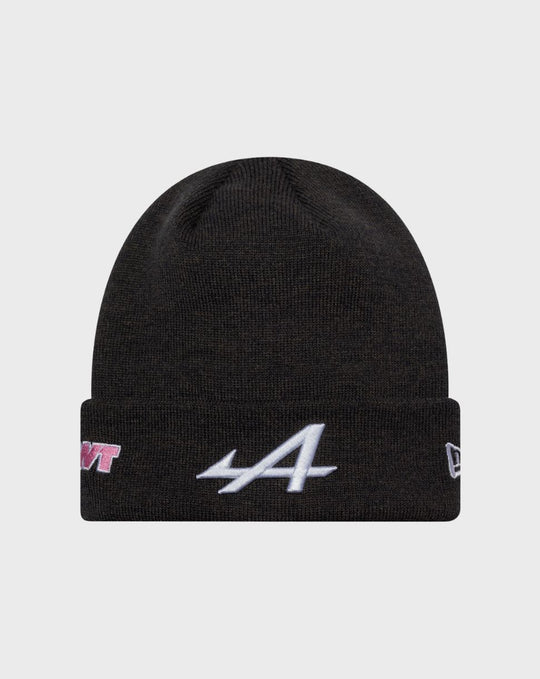 Navy cuffed knit beanie with folded brim and white embroidered logo on the front