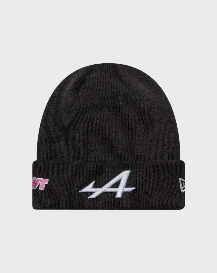 Navy cuffed knit beanie with folded brim and white embroidered logo on the front