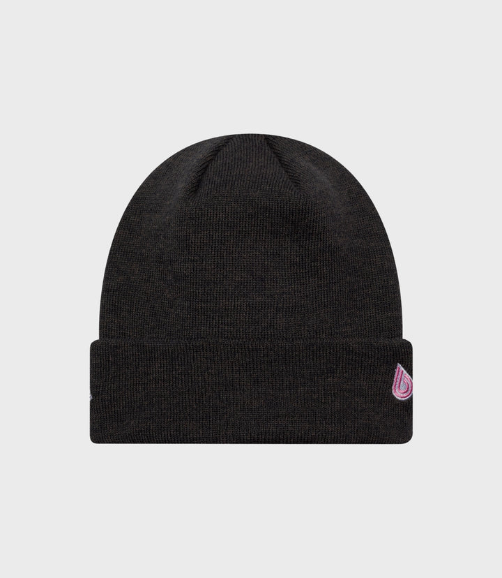 New Era Alpine Polyana navy cuff knit hat with ribbed crown and pink logo patch