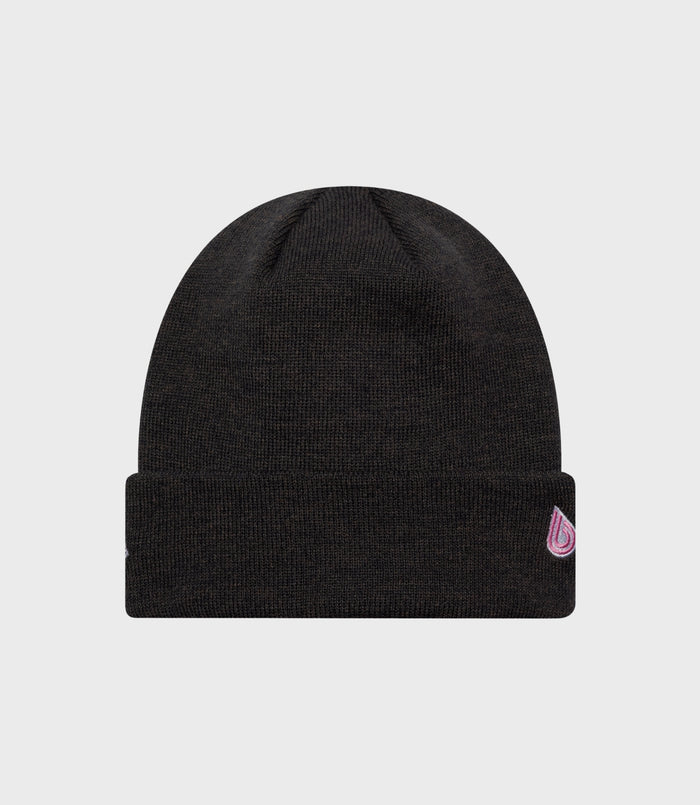 New Era Alpine Polyana navy cuff knit hat with ribbed crown and pink logo patch