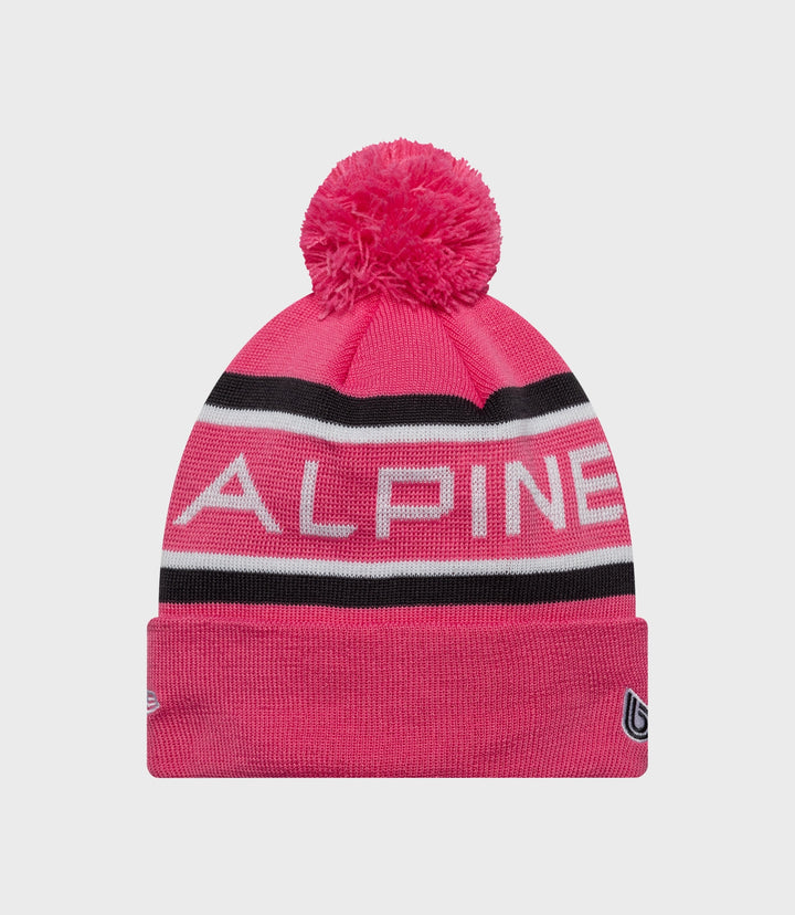 Pink Alpine cuff knit hat shown from the front with large white ALPINE lettering across the cuff