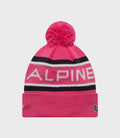 Pink Alpine cuff knit hat shown from the front with large white ALPINE lettering across the cuff