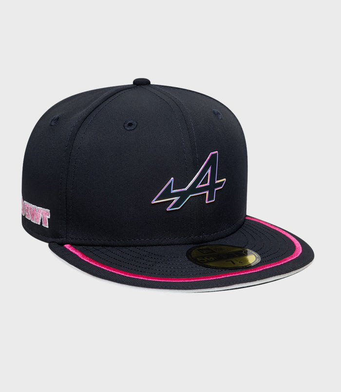 Top view of navy Alpine New Era 59Fifty cap showing crown panels and center button