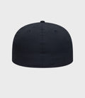Front view of navy Alpine 59FIFTY cap with stitched crown and small top button.