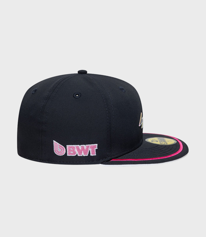 Dark navy New Era Alpine 59FIFTY cap with pink edge on the brim and pink BWT embroidery on the front panel.