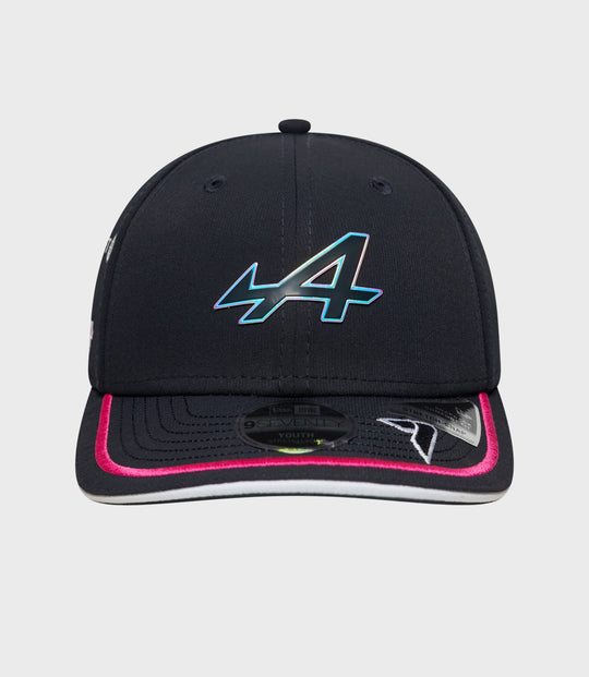 Top view of navy 9Seventy Stretch Snap Junior Cap showing crown seams and small top button