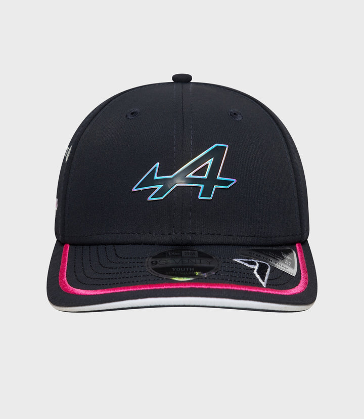 Top view of navy 9Seventy Stretch Snap Junior Cap showing crown seams and small top button