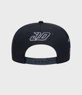 Rear view of navy cap with white embroidered logo on crown panels