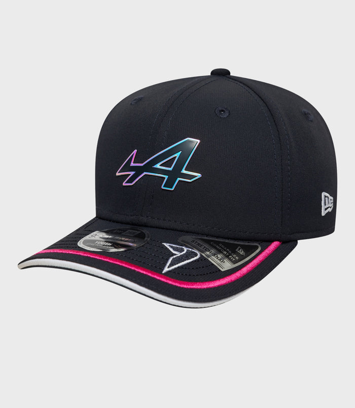 Front close up of navy New Era Alpine Jack Doohan 9Seventy Stretch Snap Junior Cap with iridescent front logo