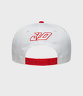 Back view of white Alpine Jack Doohan Japan 9Seventy cap with red snap closure and partial red crown embroidery